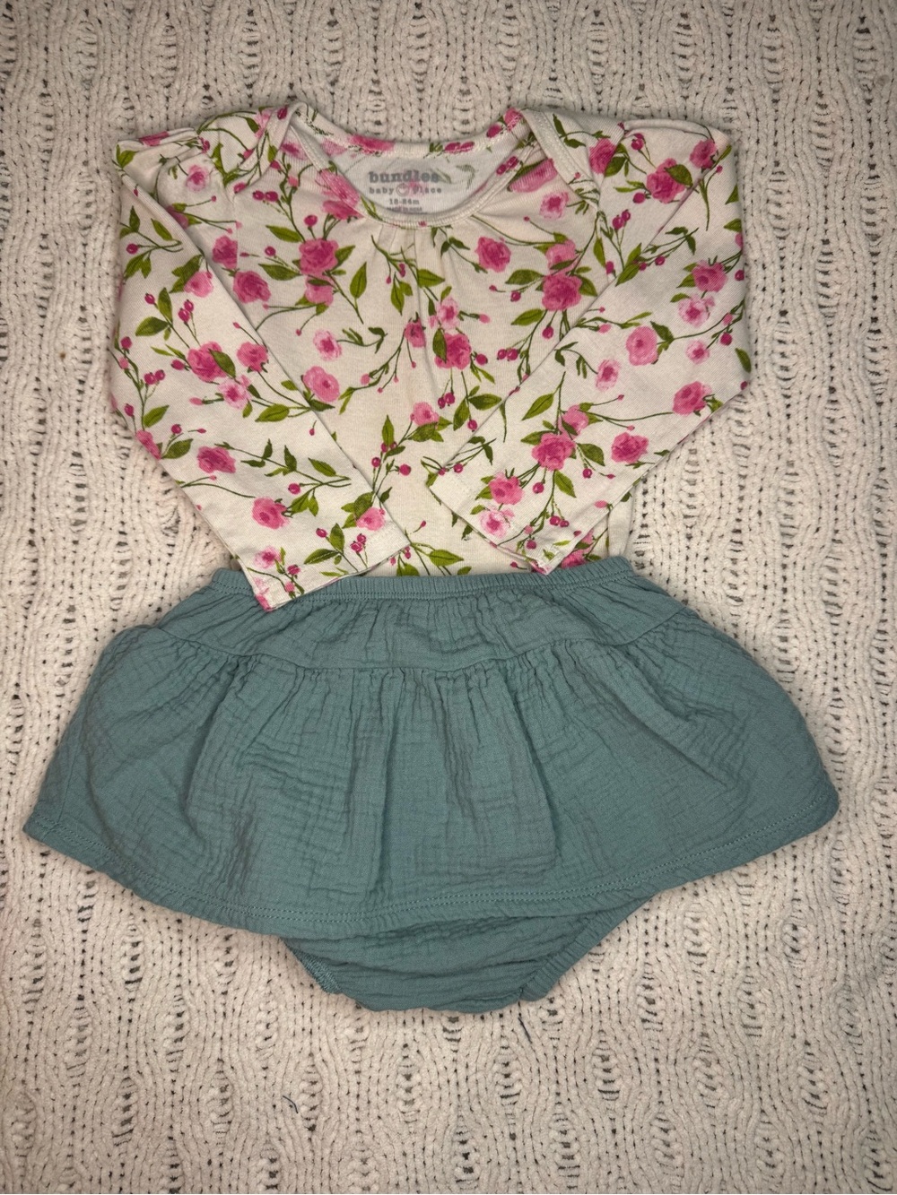 Floral Long Sleeve Baby Bodysuit with Teal Skirted Bottom